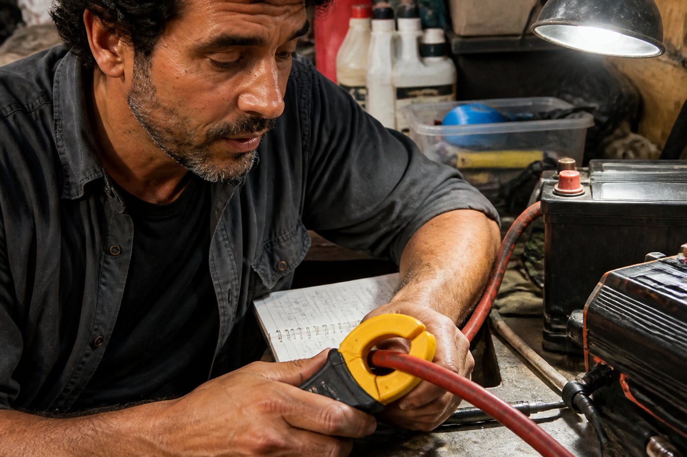 Claudio midiendo con la pinza amperimétrica en su taller