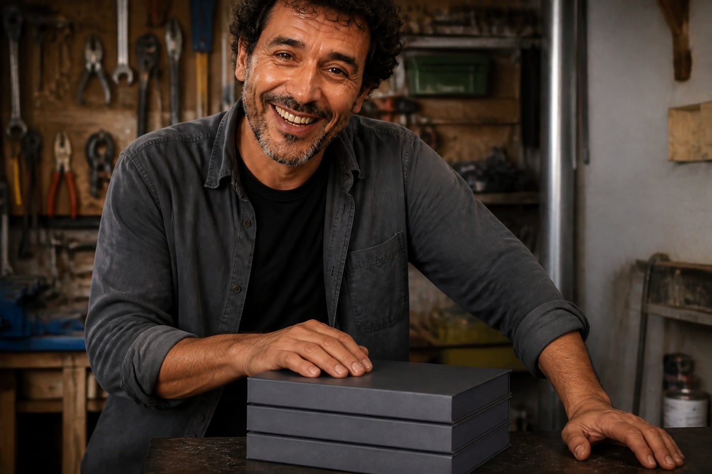 Claudio Mendoza con la colección impresa en su taller